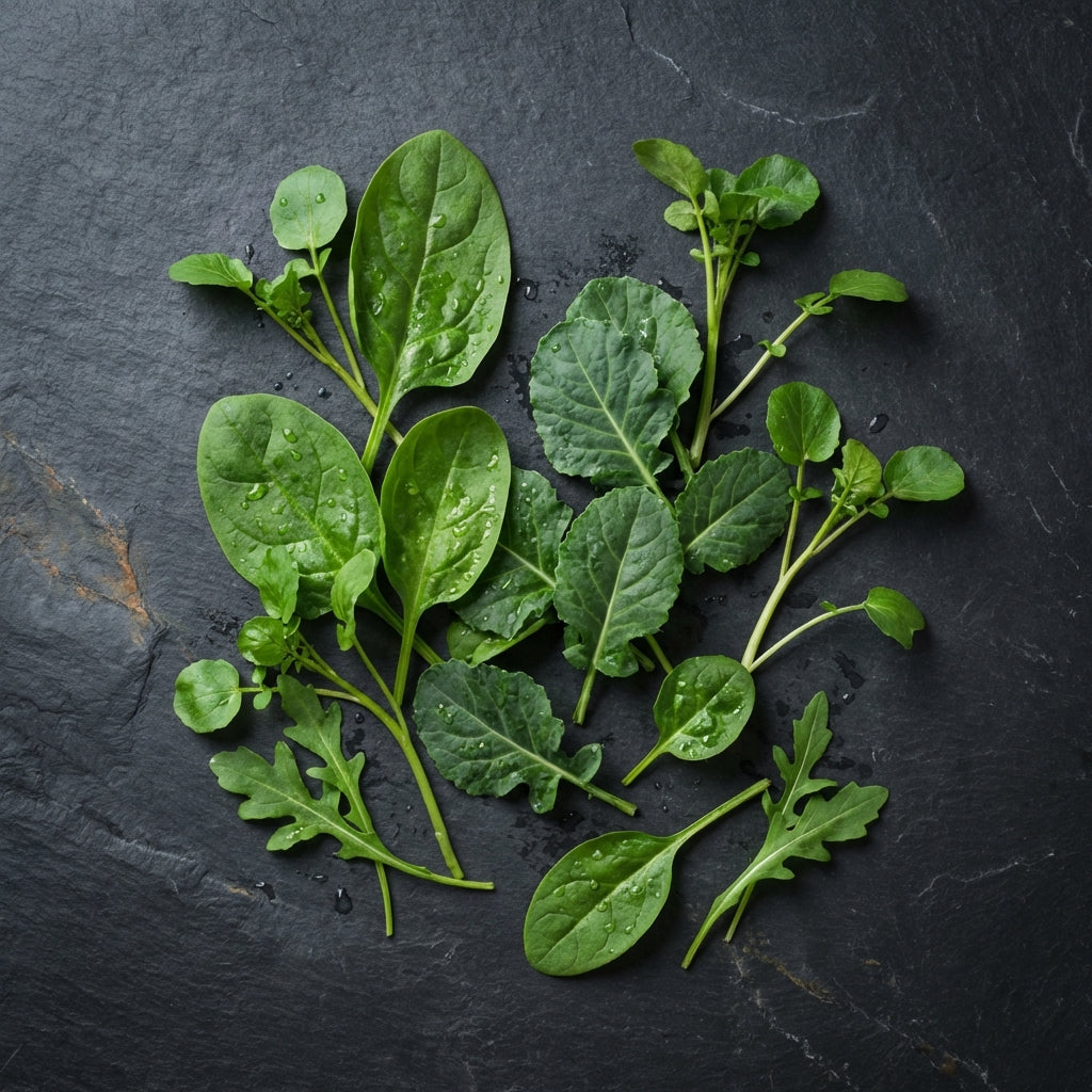 Methylfolate 5-MTHF — fresh dark leafy greens on slate — METHL Water-Based B Complex