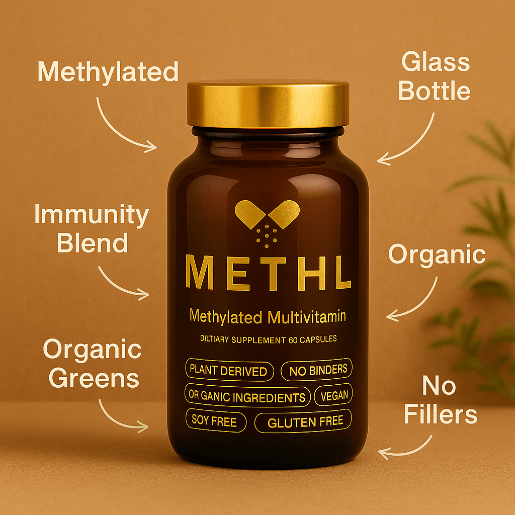 METHL methylated multivitamin supplement facts showing methylfolate methylated B12 and organic ingredients
