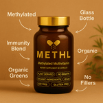METHL methylated multivitamin supplement facts showing methylfolate methylated B12 and organic ingredients