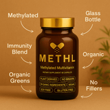 METHL methylated multivitamin supplement facts showing methylfolate methylated B12 and organic ingredients